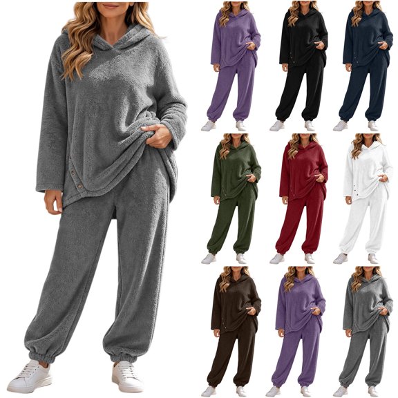 Lutiedan Womens 2 Piece Sherpa Set Oversized Long Sleeve Hoodie and Joggers Outfit Casual Winter Warm Sweatsuits S-XXL