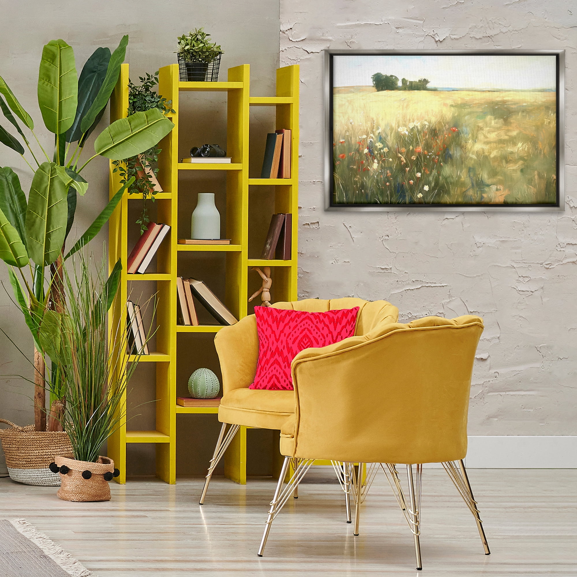 Stupell Industries Floral Prairie Meadow Landscape & Nature Painting Gray Floater Framed Canvas Art Print Wall Art, 31 x 21