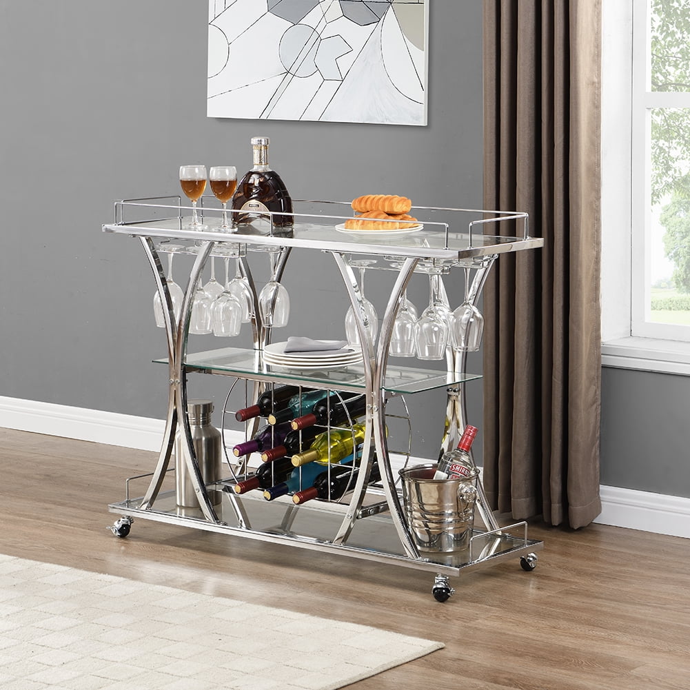 Kepooman Contemporary Bar Carts, Industrial Bar Cart with Wine Rack Silver Modern Glass Metal Frame Wine Storage, Silver Kepooman Contemporary Bar Carts, Industrial Bar Cart with Wine Rack Silver Modern Glass Metal Frame Wine Storage, Silver