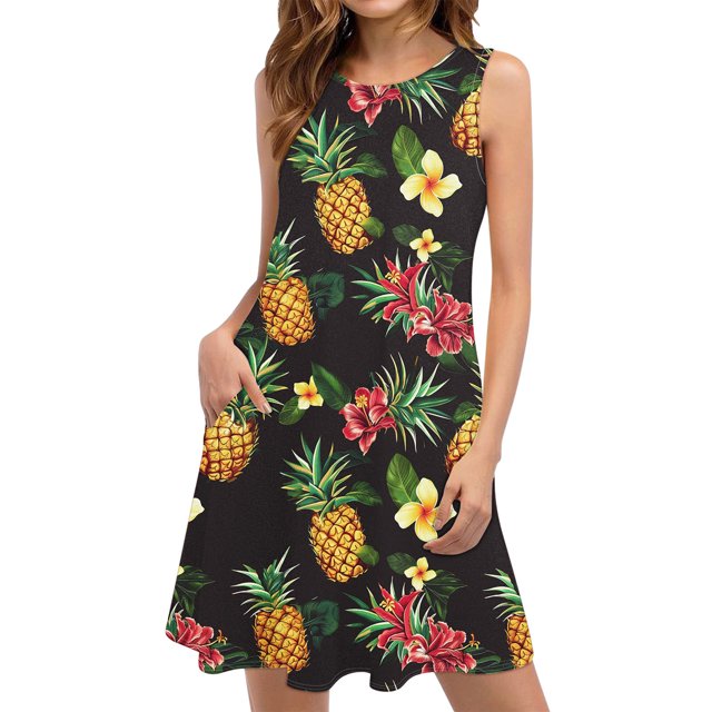 Staron Robes de Plage pour Femmes 2025 Vacances Ample Col Rond Ligne A Fluide Décontractée Robe d'Été Boho Imprimé Floral Sans Manches Robes de Plage Tendance TG
