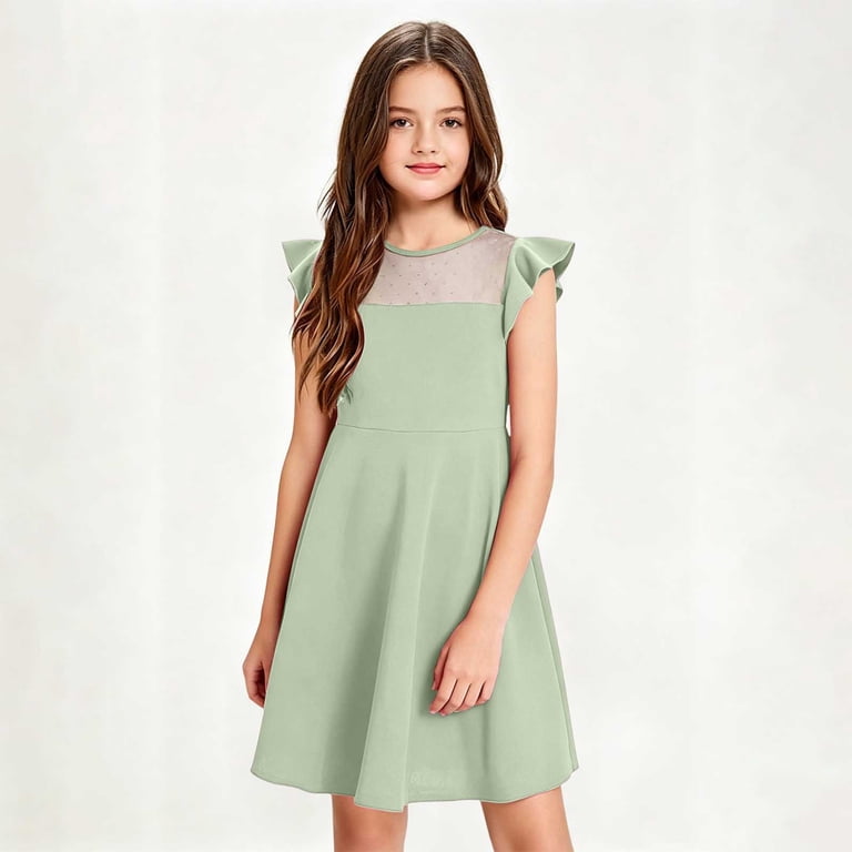 knee length dresses with cap sleeves Girls Summer Ruffle Cap Sleeve A Line Dress Formal Party Wedding Mesh Knee  Length Dresses