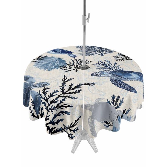 Outdoor Tablecloth with Umbrella Hole & Zipper, Navy Blue Sea Turtle Coastal Round Tablecloth 54 Inch, Beach Black Coral Nautical Rustic Patio Table Cover Waterproof Table Cloth for Picnic/Party