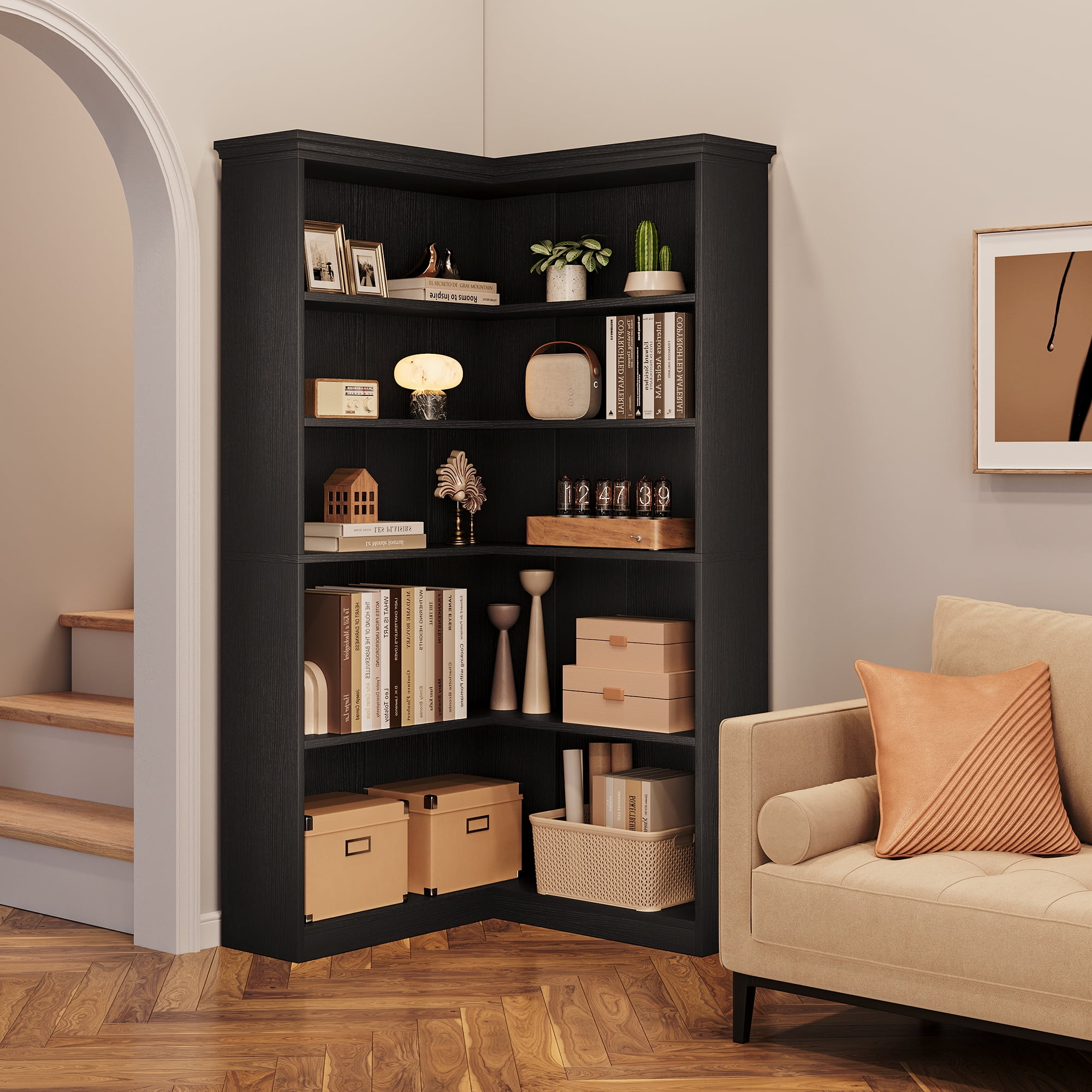 AOILE 72.8" Farmhouse Corner Bookshelf, 5-Tier L-Shaped Bookcase with Storage - Tall Display Shelf for Living Room, Office, Bedroom