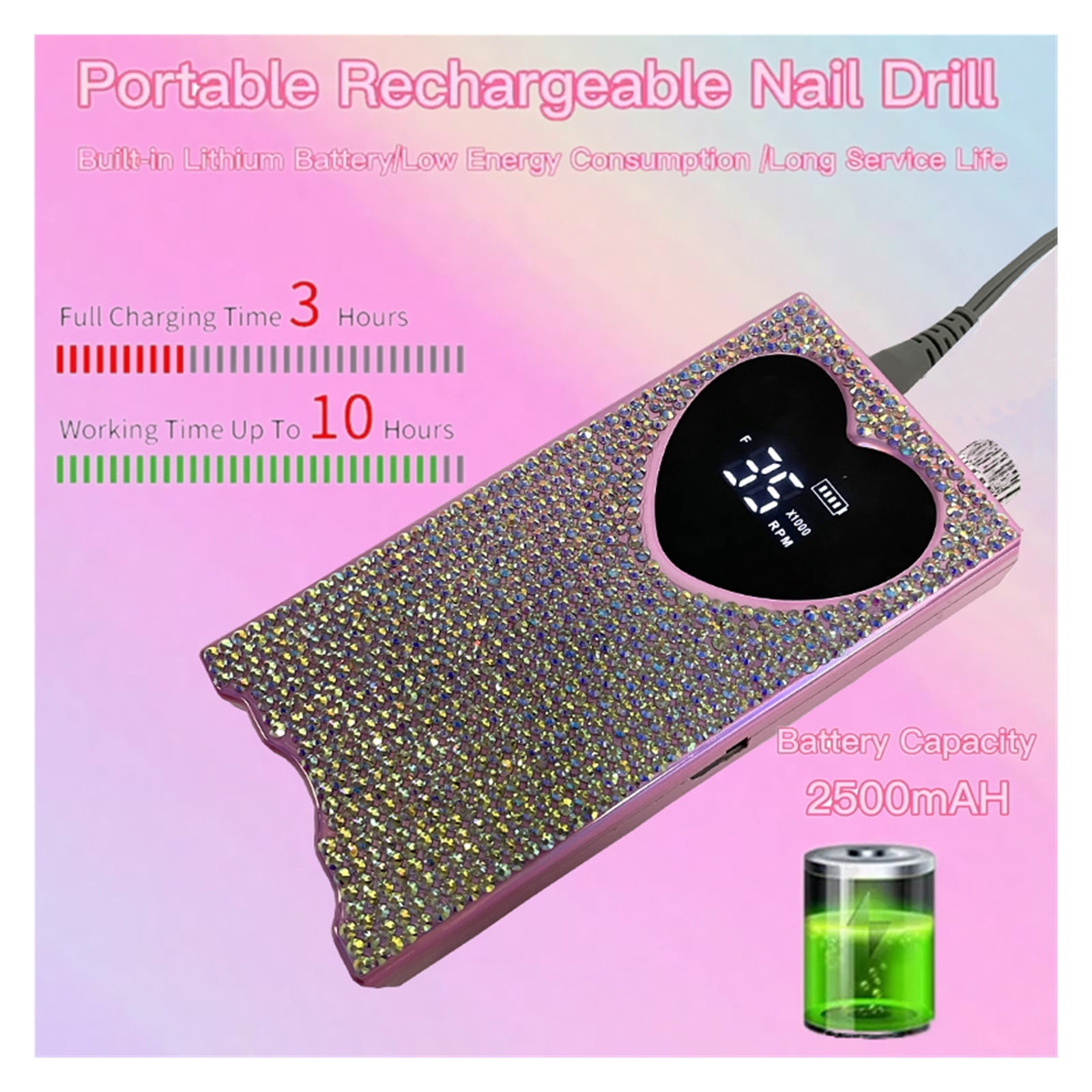 Portable Nail Drill Professional 35000 RPM, Rechargeable Electric Nail File Machine E File for Acrylic Nails Gel Polishing Removing, Cordless Efile with Bits Kit for Manicure Salon Home, Pink