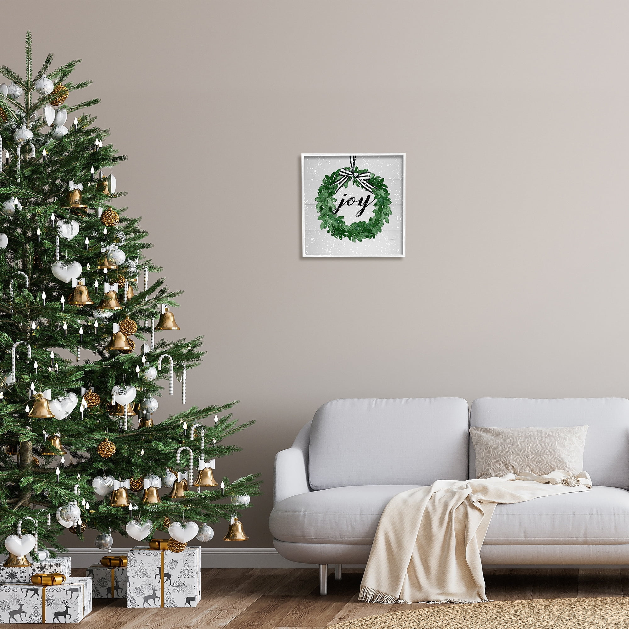 Stupell Industries Joy Sentiment Green Winter Leaf Wreath Snow Pattern, 17 x 17,Design by Carol Robinson