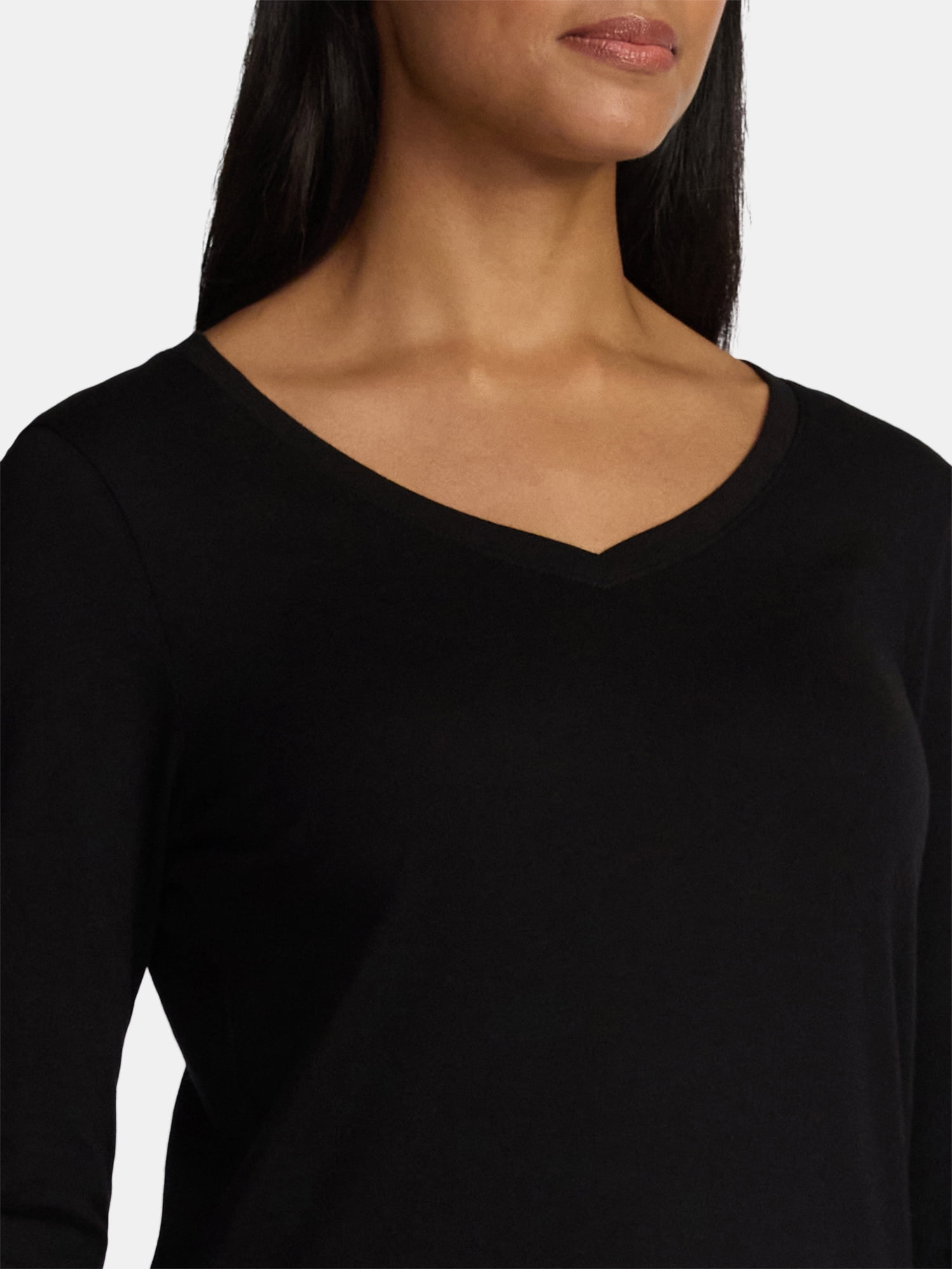 Time and Tru Women's Cotton V-Neck Tee with Long Sleeves, Sizes XS-XXXL