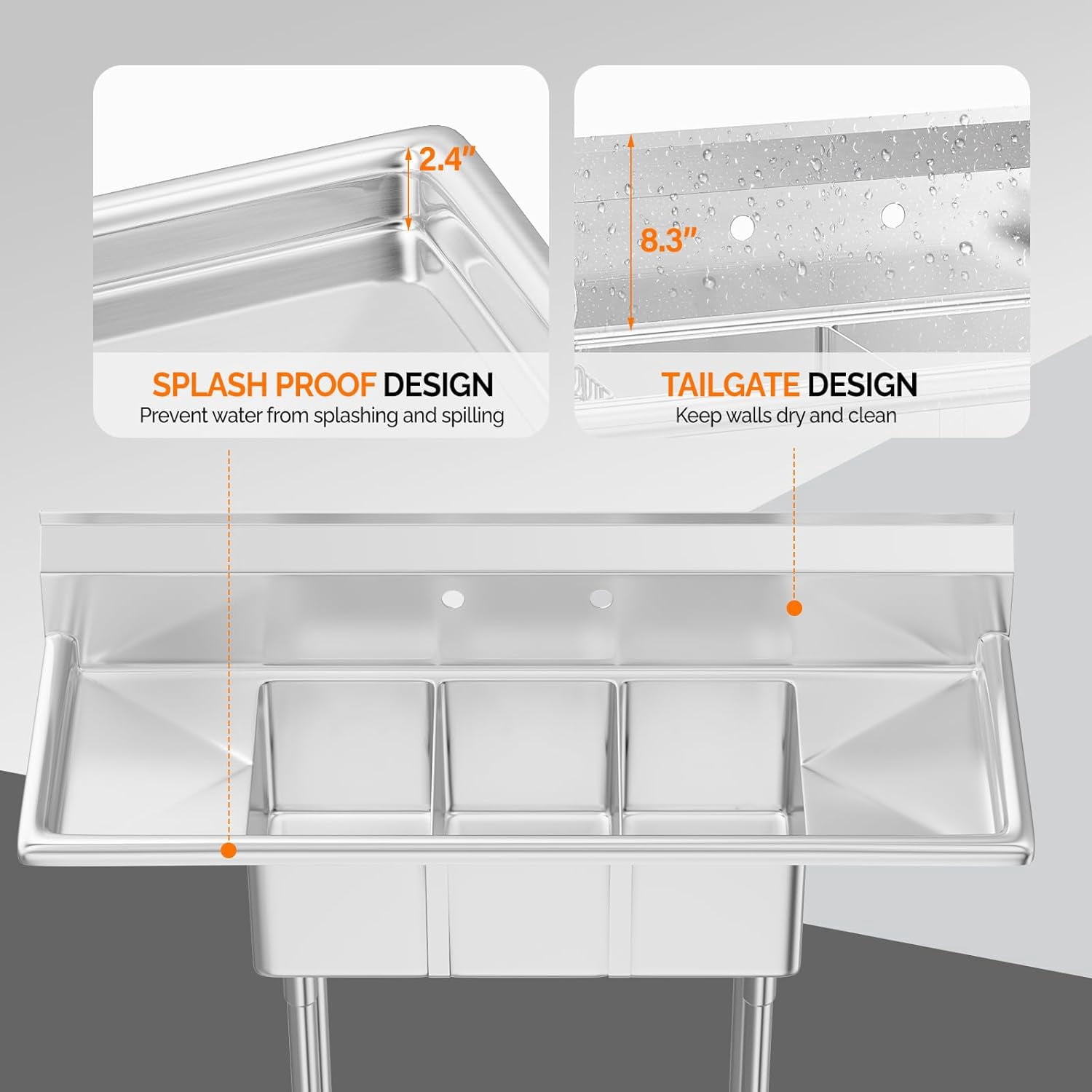 ROVSUN Commercial Sink, Stainless Steel Sink with 3 Compartment and 2 Sides Drain Rack, 20" x 54" x 43.5" Freestanding Utility Sink, Great for Restaurant Kitchen Laundry Room Garage Sunroom