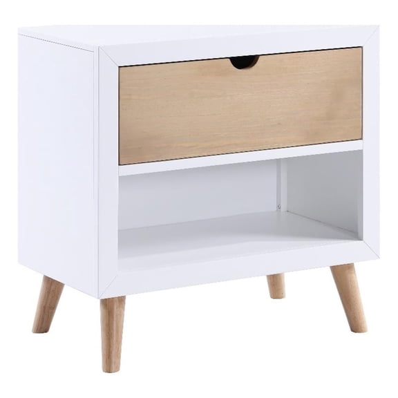 Kara 27 Inch Kids Nightstand- 1 Drawer- 1 Storage Cubby- White- Brown Wood