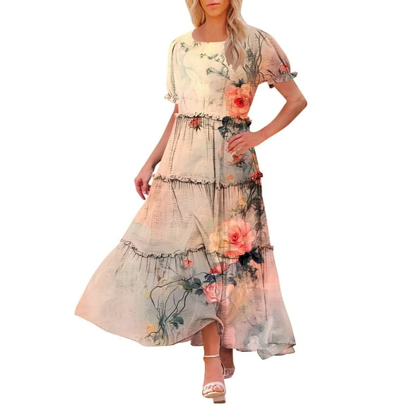 Taqqpue Women's Summer Plus Size Boho Floral Dress Crew Neck Short Sleeve Long Maxi Dresses Casual Beach Vacation Sundress Elastic Waist Tiered Ruffle Hem A Line Cake Dresses