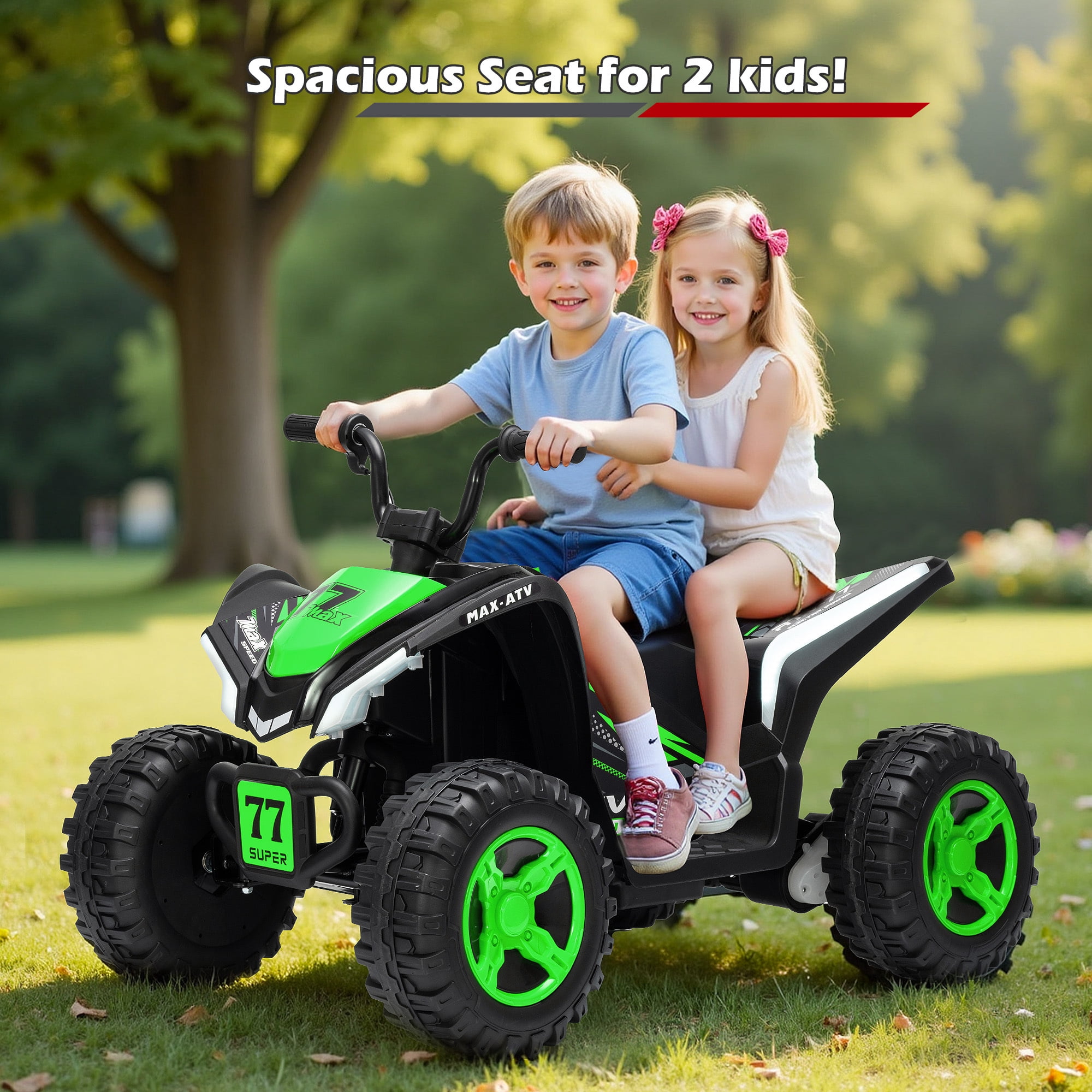 Letsgokid Kids ATV 4 Wheeler, 24V 2 Seater Electric ATV Ride On Toy for Big Kids with 110lb Weight Capacity, 200W Motor, 3.7Mph Max Speed, Spring Suspension, LED Lights, Music