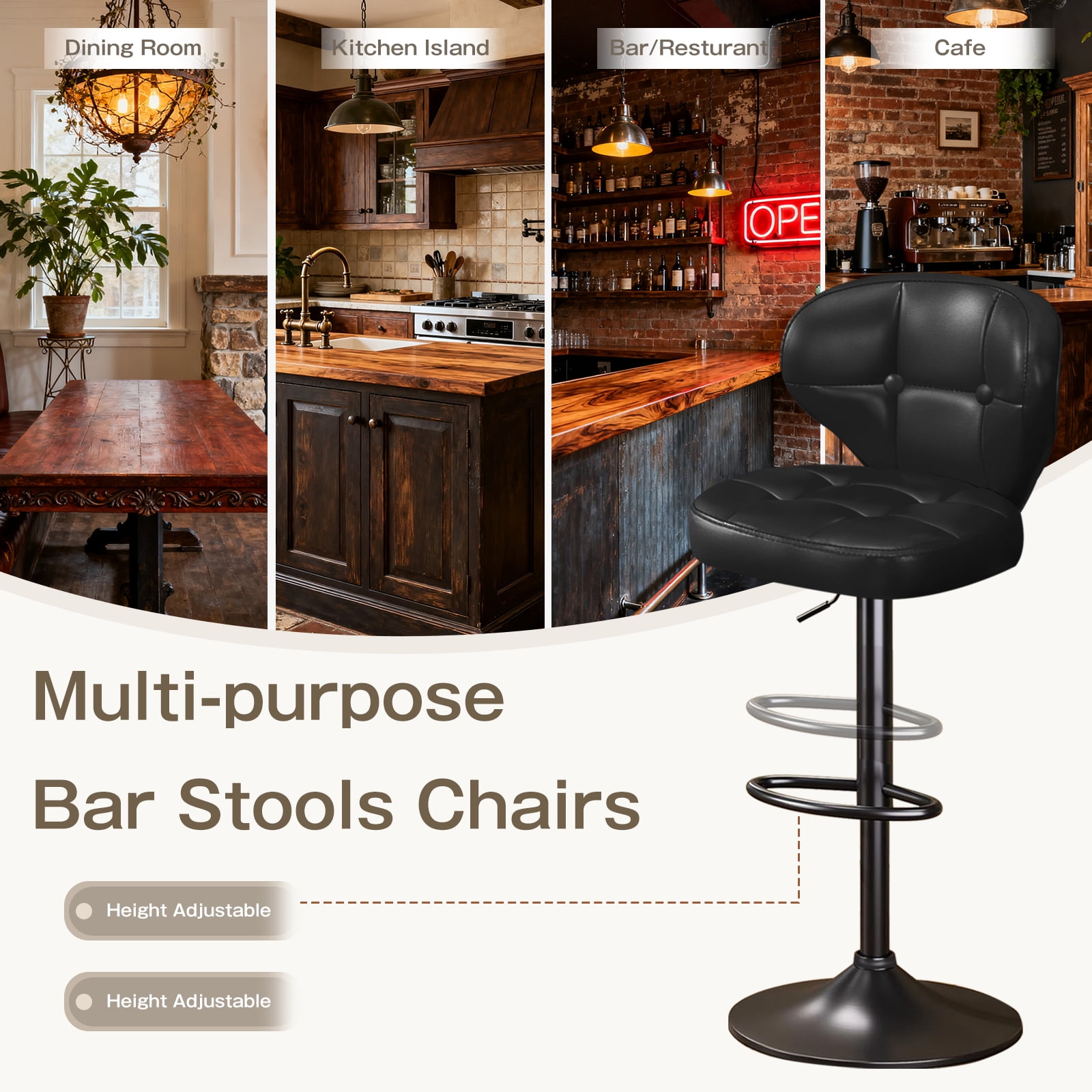Bar Stools Set of 2, Adjustable Swivel Bar Chairs with 360° Rotation, Padded Counter Stools with Back and Footrest for Kitchen Island, Bistro, Cafe, and Home Use
