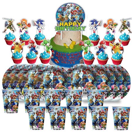 Super Smash Bros Birthday Cups Party Supplies Plates Fans Decorations Cake Topper Decor