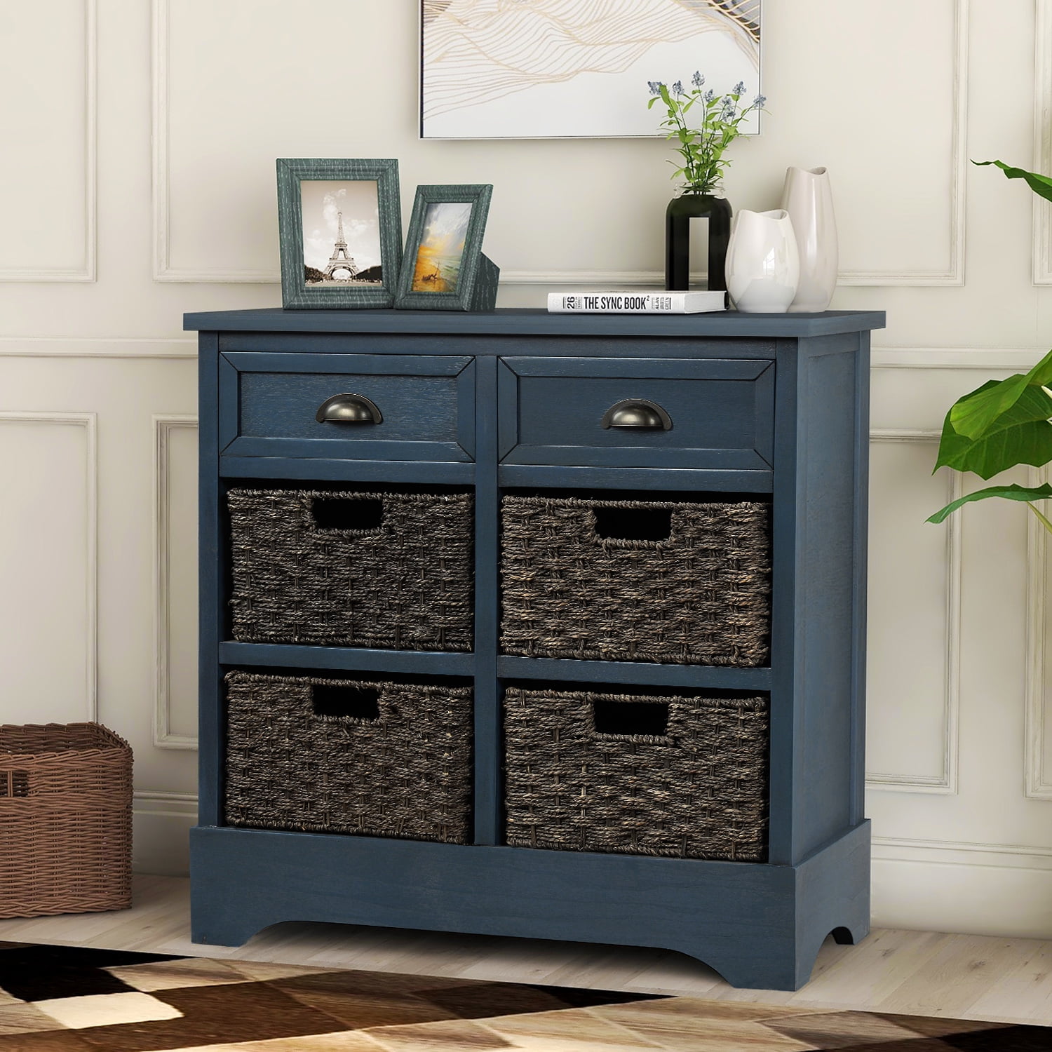 Knocbel Farmhouse Wicker Storage Cabinet with 2 Drawers and 4 Baskets,  Living Room Bedroom Wooden Chest of Drawers, Fully Assembled, 28 W x 11.8  D x