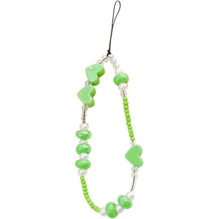 Beaded Phone Lanyard Wrist Strap Heart Shaped Mobile Phone Chain Pearl Phone Chain Phone Decorations Charm Keychain Fashion Universal Boho Phone Charm Strap Backpack Pendant for Women Girls Purple