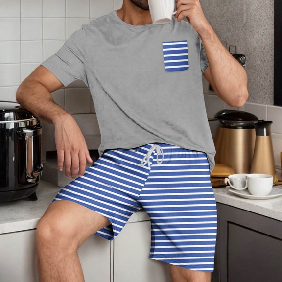 Clothes Under $10! ZhiZhuang Men's Striped Pajama Sets 2-piece Lounge Sleep Sets Soft Comfy Sleepwear Men Short Sleeves and Shorts Pjs Set