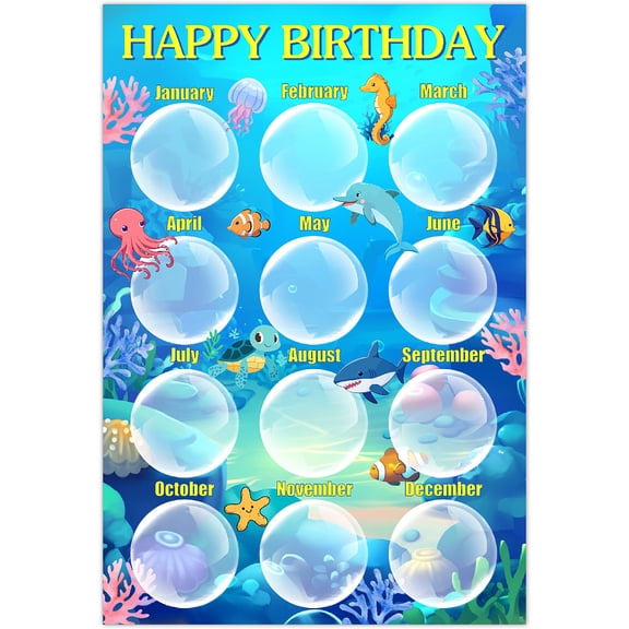 Happy Birthday Chart Birthday Month Poster Paper Reusable Sea Ocean Animals Bulletin Boards Calendar Chart with 10Pcs Seamless Double Sided Adhesive