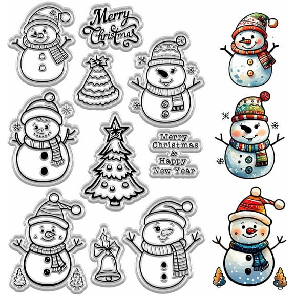 Merry Christmas Clear Rubber Stamp Snowman Pine Tree Reusable Transparent Silicone Seal Stamp for Xmas Winter Decor DIY Craft Scrapbooking Journaling Card Making Supplies Clear