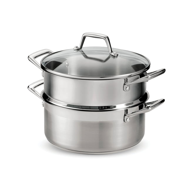 juego de vaporera tramontina de acero inoxidable, listo para inducción, 5 cuartos de galón 80120/523ds vaporera de acero inoxidable satinado con inserto apilable sobre olla de 5 qt; asas remachadas ergonómicas, tapa de vidrio templado con borde pulido y base de tres capas (núcleo de aluminio) para distribución uniforme del calor, compatible con cocinas de inducción y apto para horno hasta 350 F (176 C); a menudo usado para cocinar verduras y mariscos al vapor y también apto para guisos y sopas.
