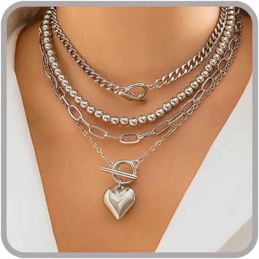 Layered Necklace for Women Non Tarnish Chunky Necklace Stack for Women Paperclip Chain Necklaces Retro Coin Medallion Heart Pendant Necklaces Chunky Jewelry Set