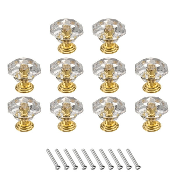 Uxcell 10 Pcs Perillas de Cristal para Cajones de 24 mm Tiradores para Armarios, Claro/Dorado