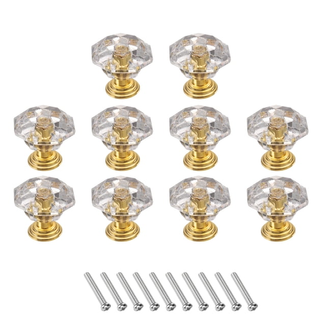 Uxcell 10 Pcs Perillas de Cristal para Cajones de 24 mm Tiradores para Armarios, Claro/Dorado