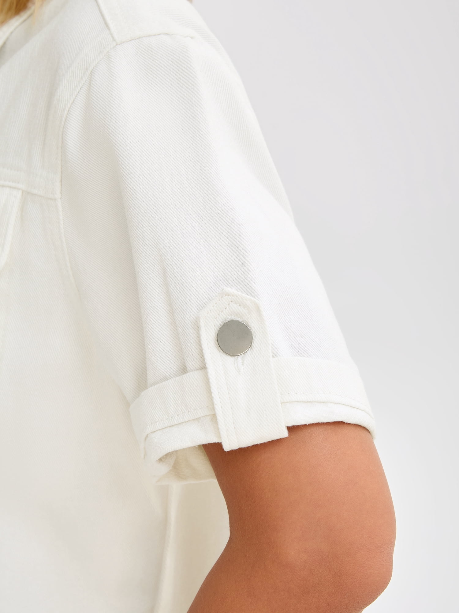 DARING DIVA Women's Short Sleeve Denim Collared Button Up Cropped Jean Jacket M White