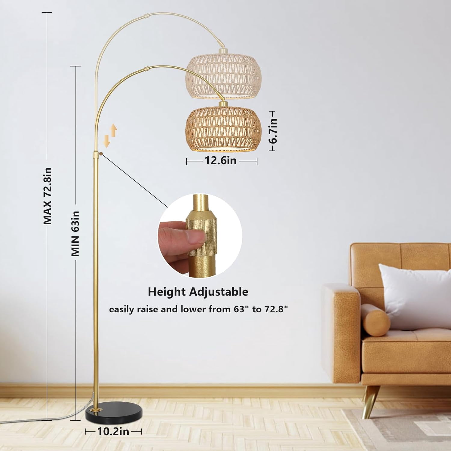 Gold Arc Floor Lamp with Remote, Dimmable, Rattan and Metal, Height Adjustable