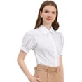 thumbnail image 1 of Camisa abotonada de oficina Allegra K de algodón con cuello de manga abullonada para mujer Blanquecino L, 1 of 6