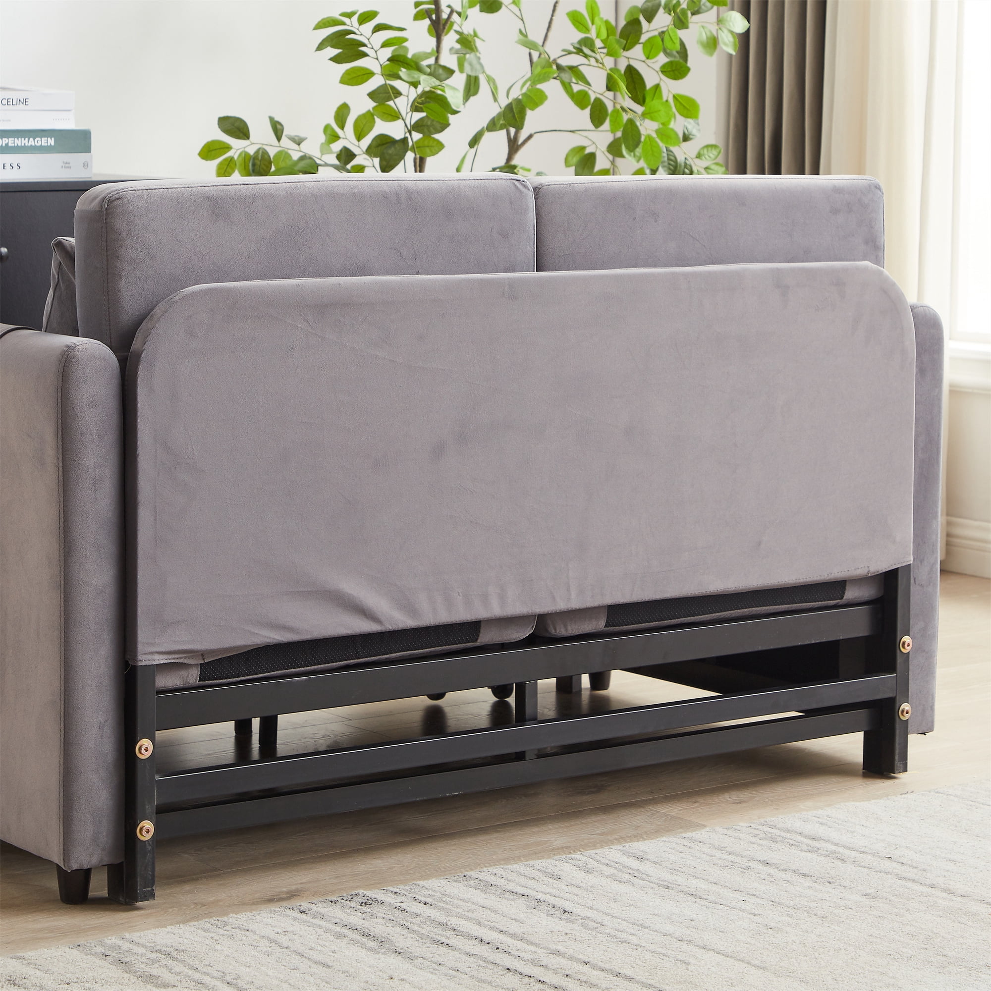 Aukfa Velvet Futon Convertible Loveseat Sleeper Sofa, Full Size, 2Pillows&Side Pockets, Gray