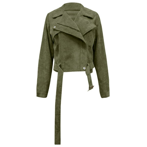 UTSJKR Women's Corduroy Jacket Long Sleeve Belted Motorcycle Jacket Cropped Outwear Zipper Solid Color Fall Winter Fashion Clothing Army Green S