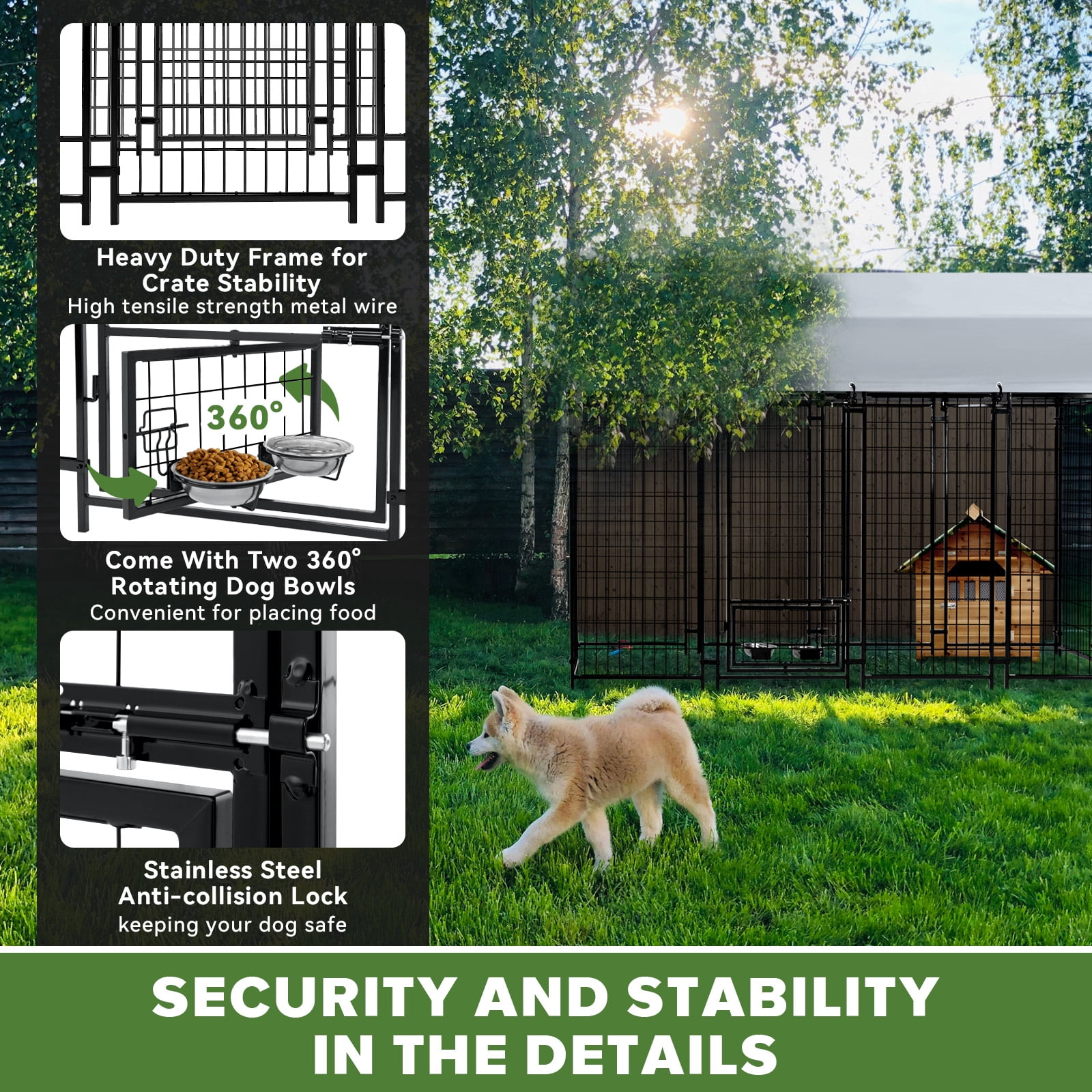 WOKEEN Large Dog Kennel Outside, 8'×4'×6',Welded Rectangular dog kennel outdoor with Waterproof Roof,2 Rotating Bowls & Secure Lock for Backyard （All Life Stages Dogs）