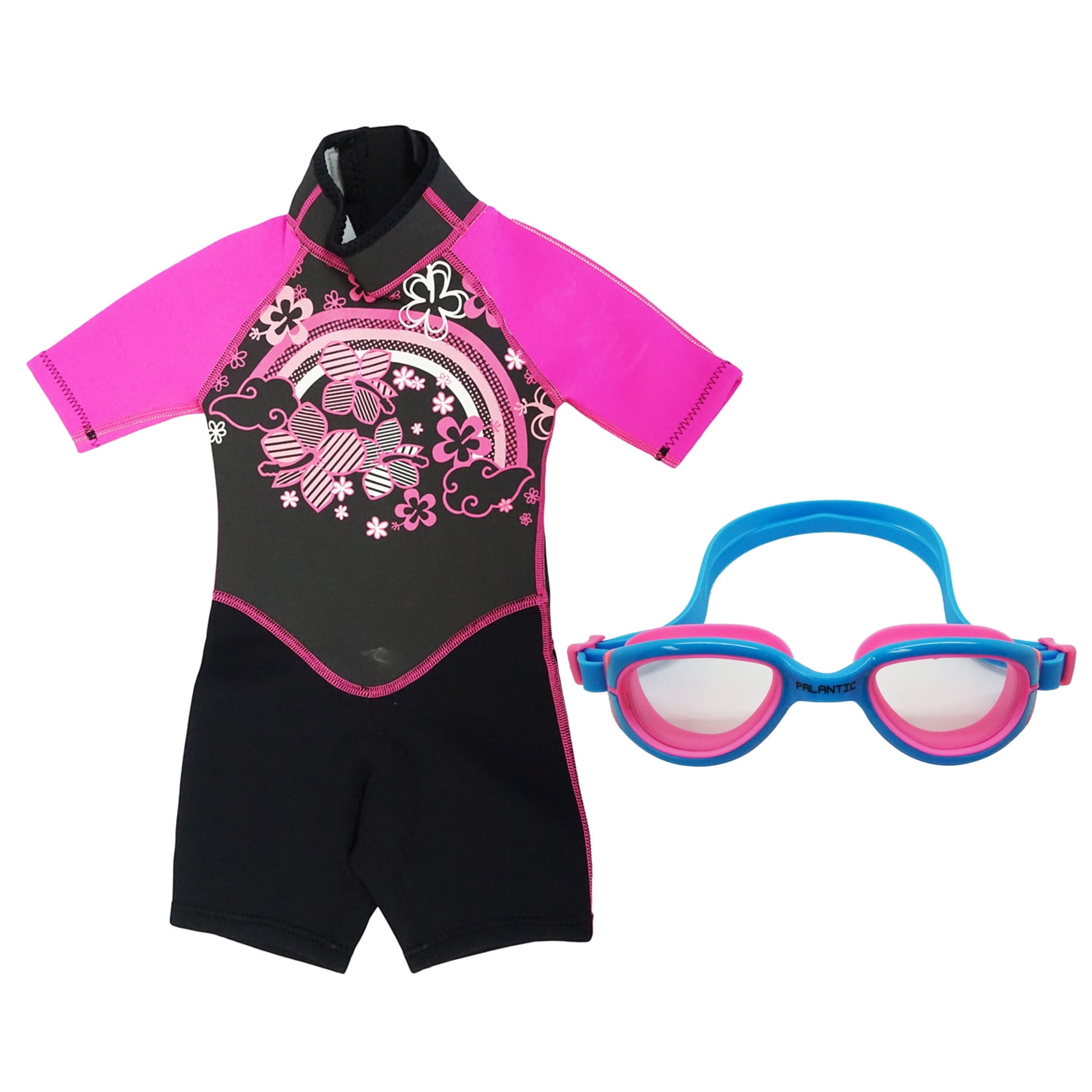 Kiddi Choice Kids 2.5mm Neopreme Short Sleeve Wetsuit Black Pink w Swim Goggles Blue Pink, 6 by Scuba Choice