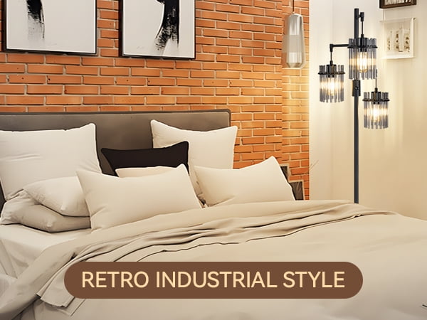 Industrial Modern Floor Lamps for Living Room, Dimmable Glass Tree Standing Tall Lamps with 3 Elegant Teardrop Cage Head & 800 Lumens LED Bulbs for Bedroom Office