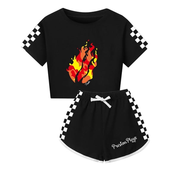Girls Preston Playz Game Apparel – Flame Graphic Crop Tee and Casual Shorts Set Summer Outfit for Young Fans