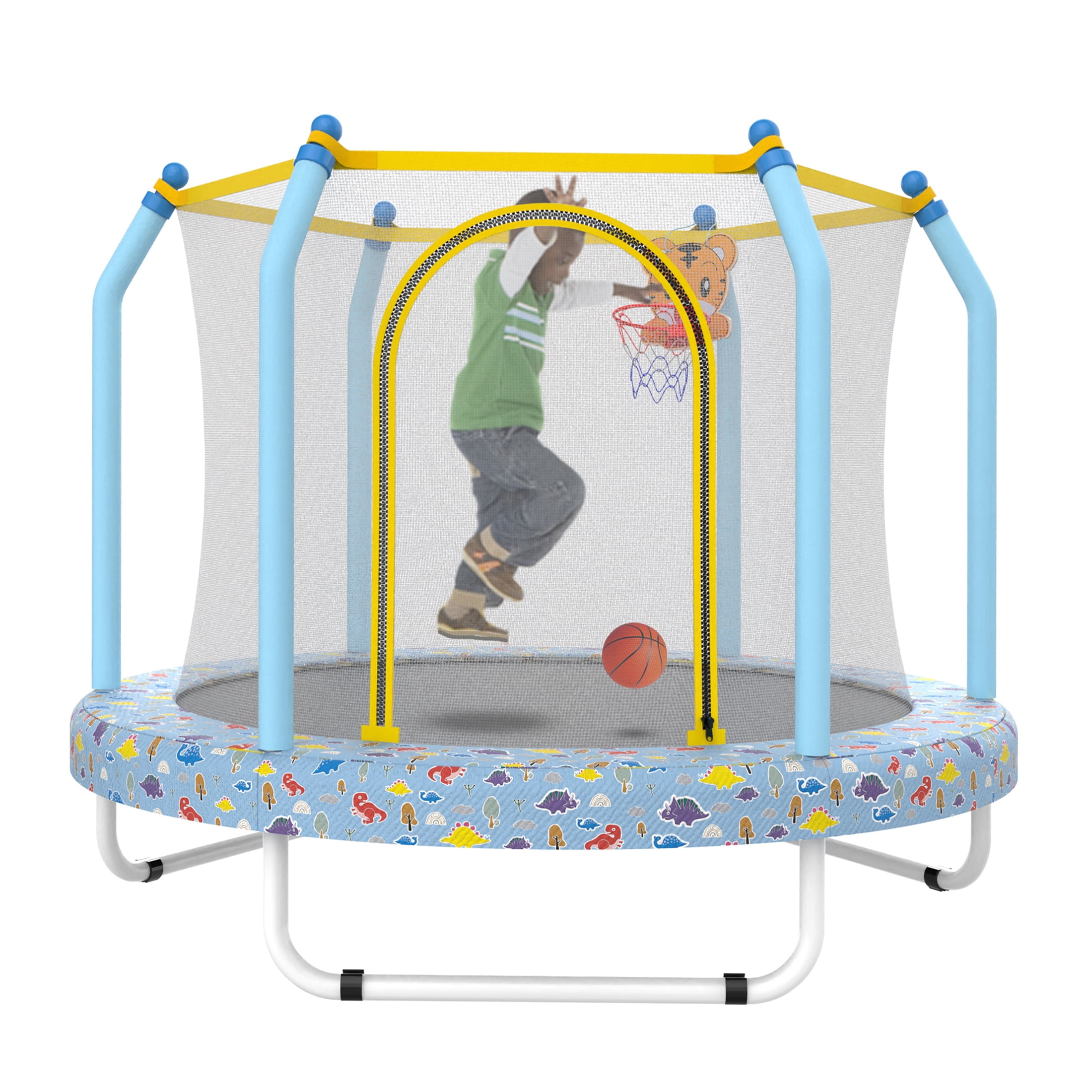 JERFIT 55" Kids Trampoline with Basketball Hoop, ASTM Certified Indoor/Outdoor Jungle Themed Bouncer for Toddlers with Safety Enclosure Net