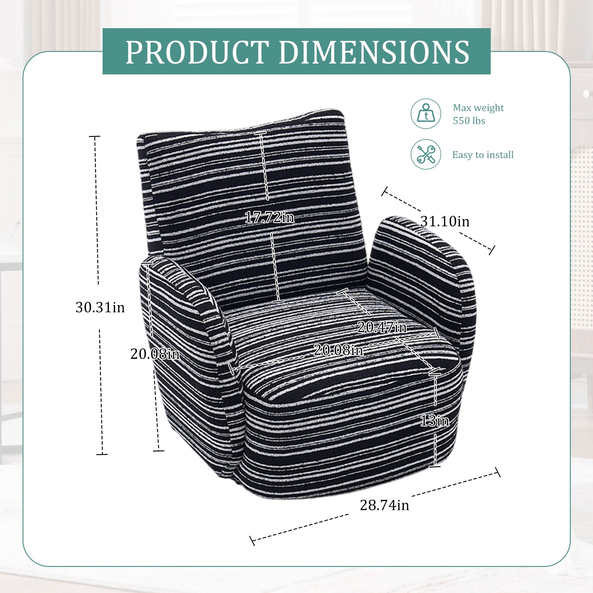MOONMISS Boucle Upholstered 360°Swivel Fabric Striped Armrest Leisure Chair for Living room-Black