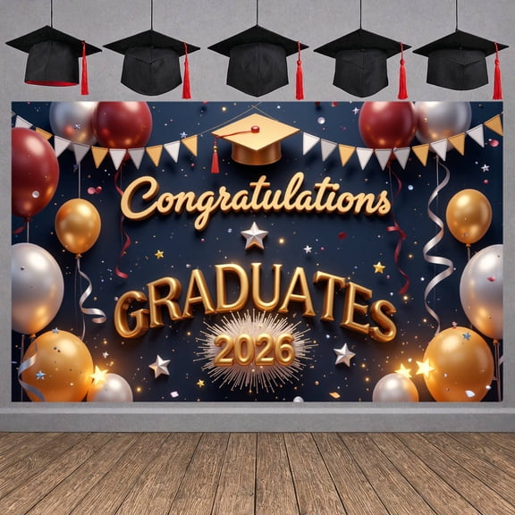 Gold Lettering Graduation Banner Red Silver Balloons Graduate Backdrop Star Decor Tassel Accent 2026 Grad Background for Graduation Ceremony Grad Party Academic Celebration