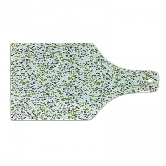 Flower Cutting Board, Floral Pattern Wild Berries Ornamental Curvy Branches Foliage Fruits Botanic, Tempered Glass Cutting and Serving Board, Wine Bottle Shape, Purple Green White, by Ambesonne