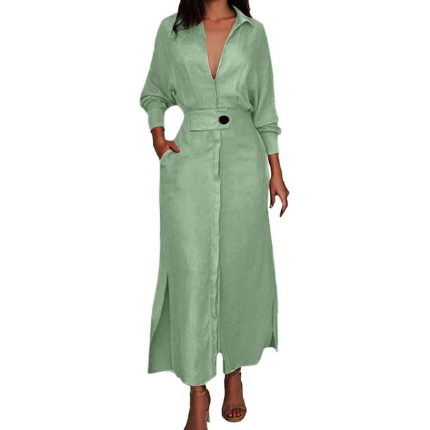 Vestido liso de mujer con cinturón, manga larga y escote en V profundo, poliéster y spandex, estilo informal y elegante, tallas S-XXXL