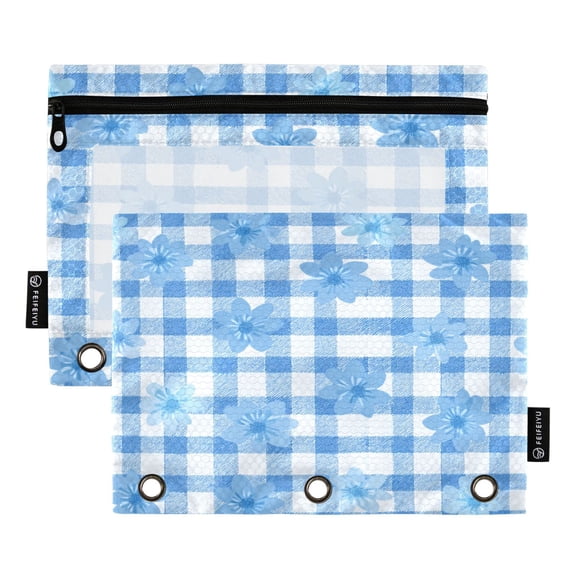 2 Pack 3 Ring Binder Pouch with Clear PVC Window Water Resistant Zipper Pencil Pouch Fresh Blue Gingham Floral Design Binder Pocket for Classroom Office Home Stationery Organization