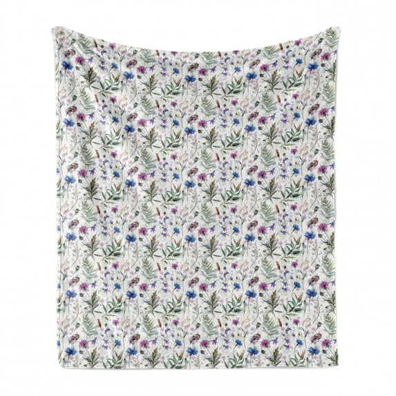 Thistle Soft Flannel Fleece Throw Blanket, Hand-Drawn Watercolor Style Summer Wildflowers Pattern as Cornflower and Thistle, Cozy Plush for Indoor and Outdoor Use, 70" x 90", Multicolor, by Ambesonne