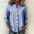 thumbnail image 6 of Sokhug Womens Cotton Linen Striped 3/4 Sleeve Stand Collar Button Down Breathable Casual Daily Tunic Blouse Tops, 6 of 7