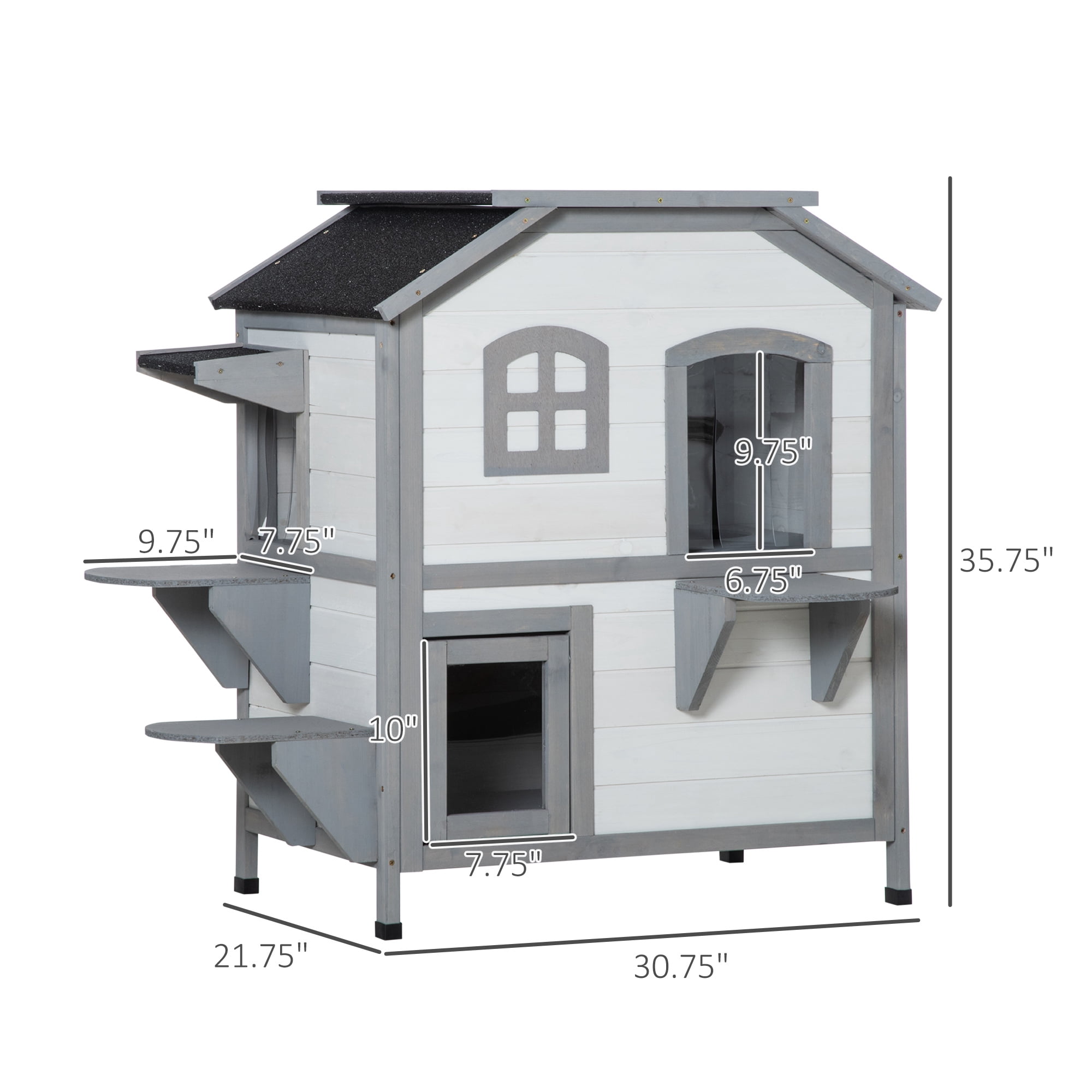 2-story Cat House Outdoor, Weatherproof Wooden Cat Enclosure for Feral Cats with Escape Door, Openable Roof, Jumping Platforms, White
