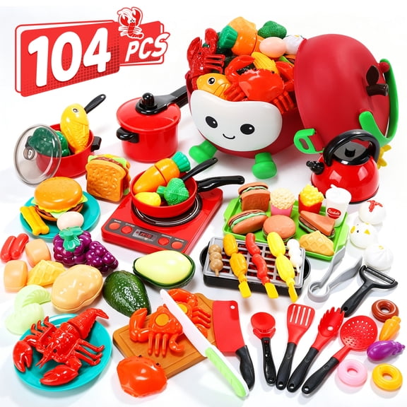 WonderStone Upgrade 104 Pcs Kids Kitchen Playset, Pretend Cooking Toy with Fast Food Accessories, Fruits Vegetables, Cookware Set, Role Play Kitchen Toy Gift for Boys Girls Age 3
