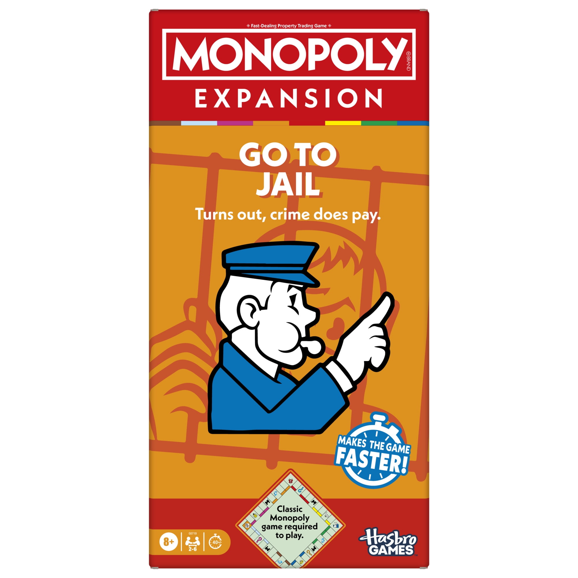 Monopoly Go to Jail EXPANSION, Add to Classic Monopoly Game, Family Games for Kids Ages 8 and up, 40 Mins