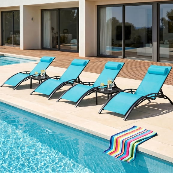 Pirecart 6 Pieces Adjustable Outdoor Patio Lounge Chair W/ 4 Lounger & 2 Table, Blue