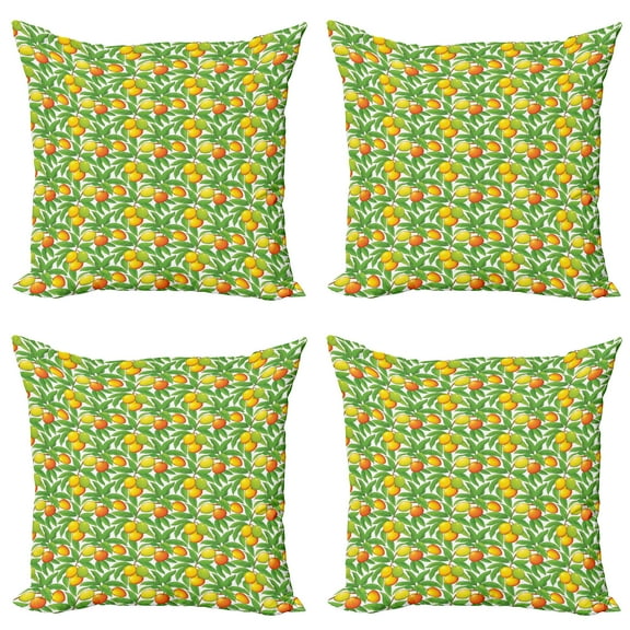 Ambesonne Fruit Throw Pillow Cover 4 Pack, Ripe Mango Branches, 20", Green Vermilion