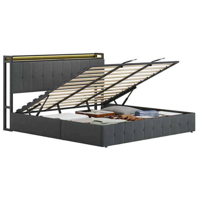Cadre de Lit avec Rangement Relevable, Lit Plateforme Hydraulique Rembourré en Velours avec Tête de Lit de Rangement, Lattes en Bois Robustes, Aucun Sommier Requis