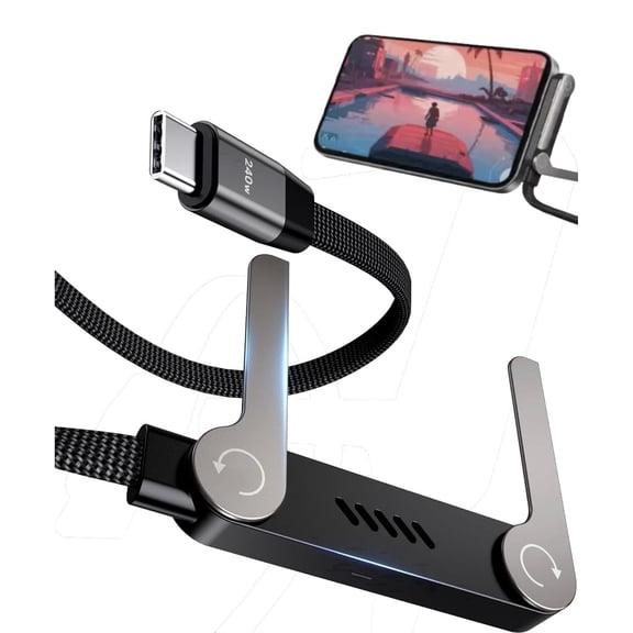 240W Braided Super Fast Charge Cable with Built-in Phone Stand, Invisible Holder Charger Cable with Stand, T-Shaped Foldable Durable USB-C to USB-C