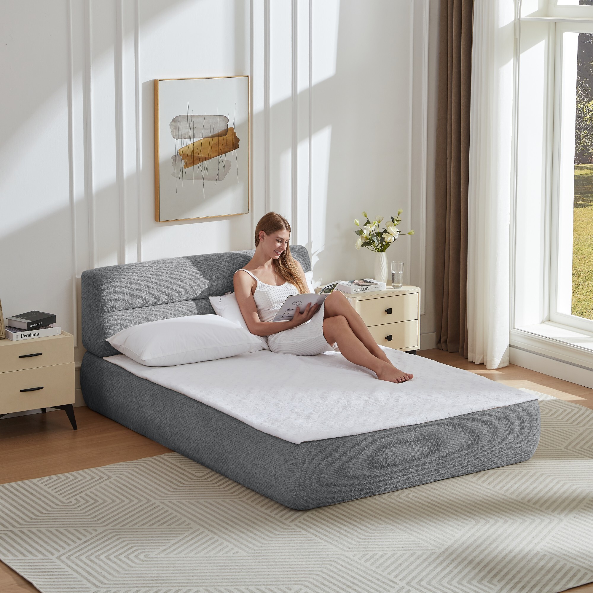 DEALTOPS Modern Upholstered Chenille Bed, Compressed Platform Bed with Spring Support, No Assembly, Gray